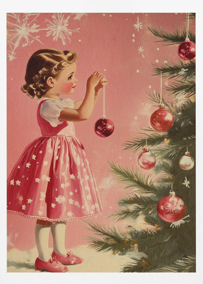 A vintage illustration of a young girl in a pink and white dress decorating a Christmas tree. She is carefully hanging a shiny red ornament on a branch against a soft pink background with snowflakes. Wall Art