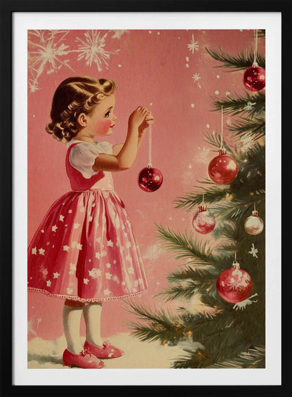 A vintage illustration of a young girl in a pink and white dress decorating a Christmas tree. She is carefully hanging a shiny red ornament on a branch against a soft pink background with snowflakes. Wall Art