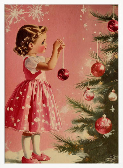 A vintage illustration of a young girl in a pink and white dress decorating a Christmas tree. She is carefully hanging a shiny red ornament on a branch against a soft pink background with snowflakes. Wall Art