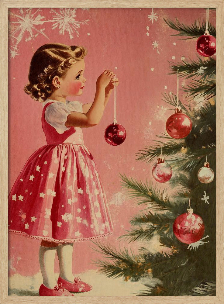 A vintage illustration of a young girl in a pink and white dress decorating a Christmas tree. She is carefully hanging a shiny red ornament on a branch against a soft pink background with snowflakes. Wall Art