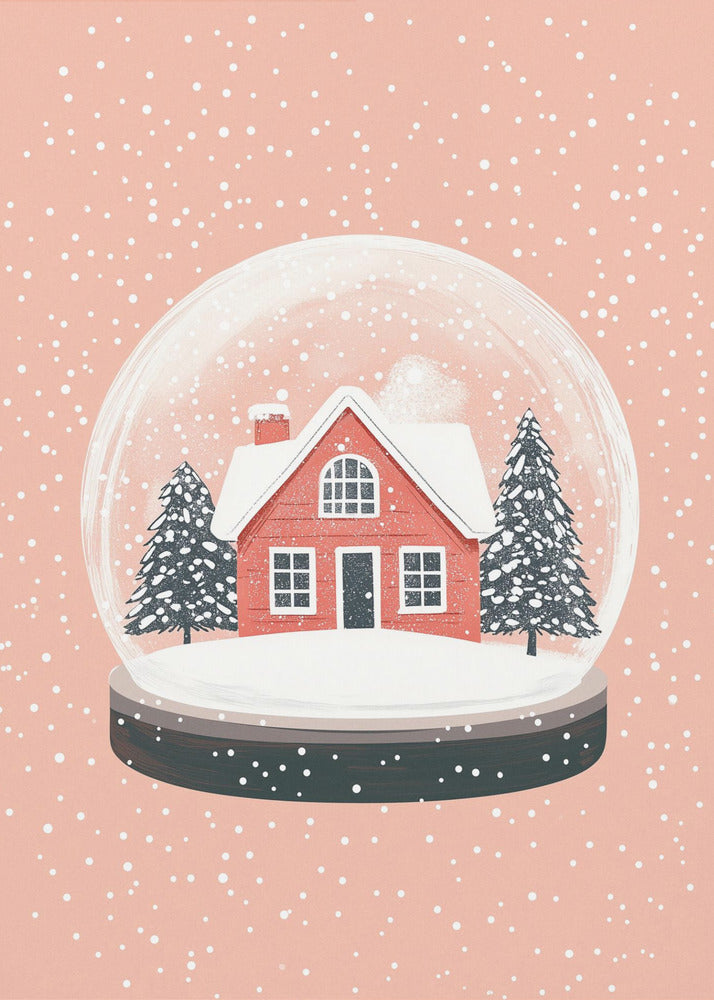 A charming illustration of a snow globe with a red house and two pine trees inside, all covered in snow. The snow globe is set against a soft pink background with white dots falling like snow, enclosed in a thin black frame. Poster