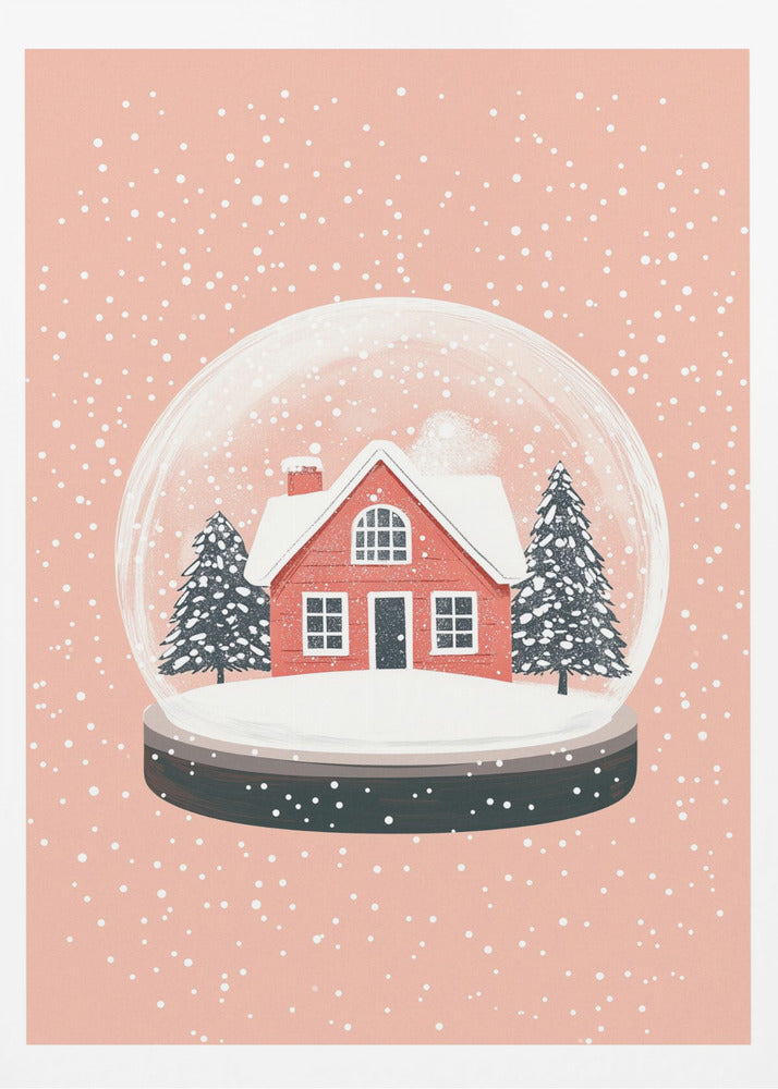 A charming illustration of a snow globe with a red house and two pine trees inside, all covered in snow. The snow globe is set against a soft pink background with white dots falling like snow, enclosed in a thin black frame. Poster