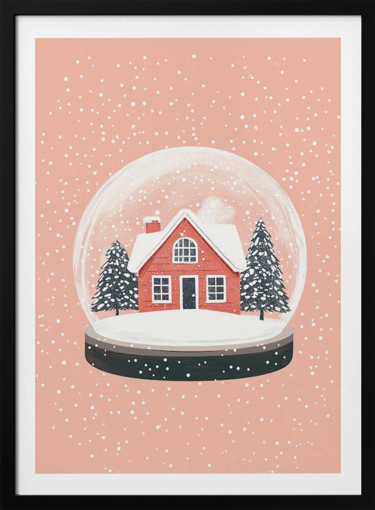 A charming illustration of a snow globe with a red house and two pine trees inside, all covered in snow. The snow globe is set against a soft pink background with white dots falling like snow, enclosed in a thin black frame. Poster
