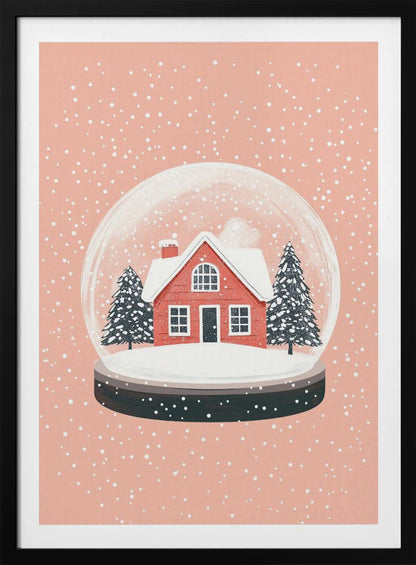 A charming illustration of a snow globe with a red house and two pine trees inside, all covered in snow. The snow globe is set against a soft pink background with white dots falling like snow, enclosed in a thin black frame. Poster