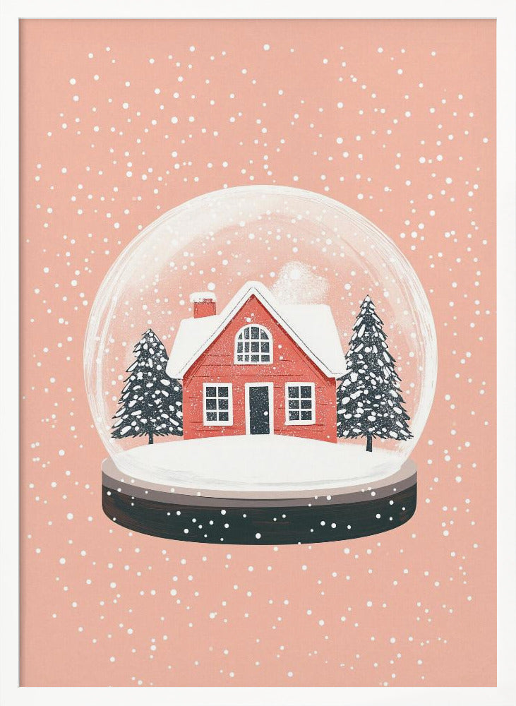A charming illustration of a snow globe with a red house and two pine trees inside, all covered in snow. The snow globe is set against a soft pink background with white dots falling like snow, enclosed in a thin black frame. Poster