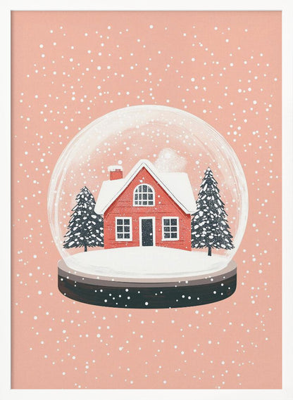 A charming illustration of a snow globe with a red house and two pine trees inside, all covered in snow. The snow globe is set against a soft pink background with white dots falling like snow, enclosed in a thin black frame. Poster