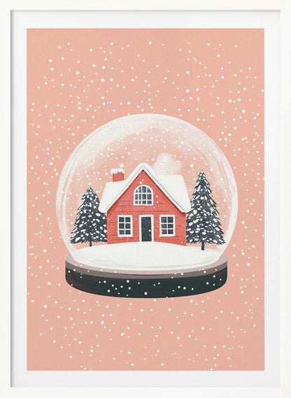 A charming illustration of a snow globe with a red house and two pine trees inside, all covered in snow. The snow globe is set against a soft pink background with white dots falling like snow, enclosed in a thin black frame. Poster