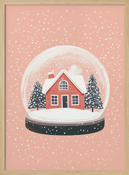 A charming illustration of a snow globe with a red house and two pine trees inside, all covered in snow. The snow globe is set against a soft pink background with white dots falling like snow, enclosed in a thin black frame. Poster