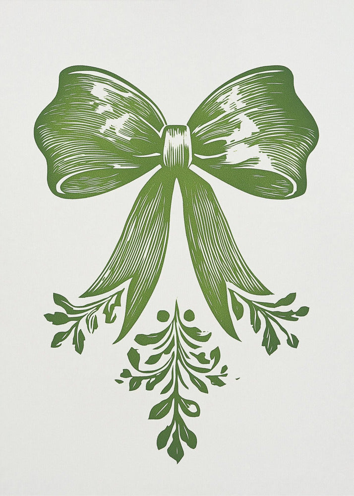 A vintage-style linocut print of a large green bow with leafy accents on a white background, enclosed in a thin black frame. The bow is detailed with lines suggesting texture and shadow, and foliage hangs from its ribbons. Artwork