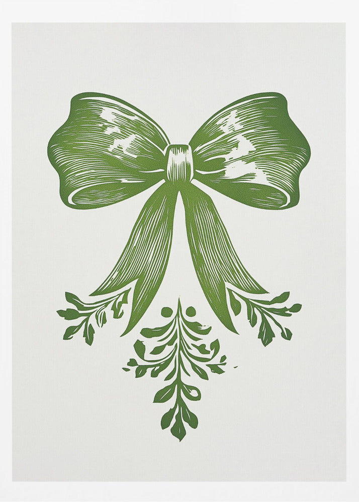 A vintage-style linocut print of a large green bow with leafy accents on a white background, enclosed in a thin black frame. The bow is detailed with lines suggesting texture and shadow, and foliage hangs from its ribbons. Artwork