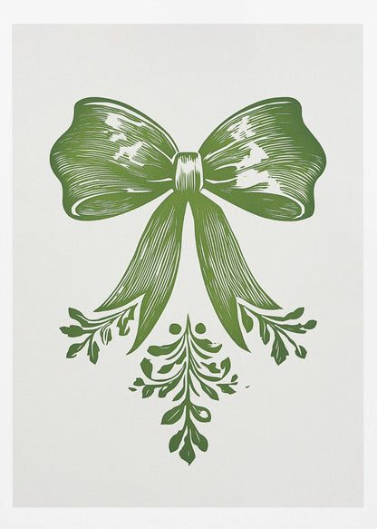 A vintage-style linocut print of a large green bow with leafy accents on a white background, enclosed in a thin black frame. The bow is detailed with lines suggesting texture and shadow, and foliage hangs from its ribbons. Artwork