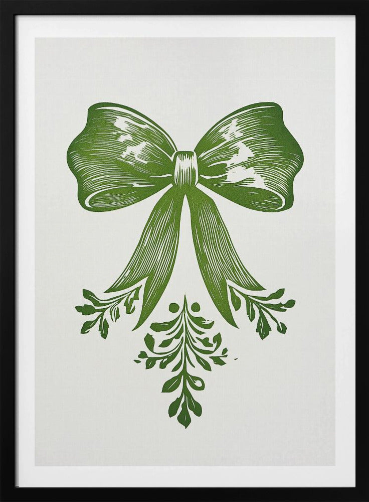 A vintage-style linocut print of a large green bow with leafy accents on a white background, enclosed in a thin black frame. The bow is detailed with lines suggesting texture and shadow, and foliage hangs from its ribbons. Artwork