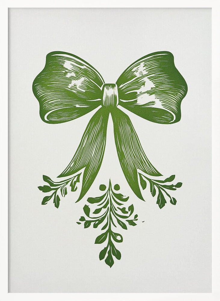 A vintage-style linocut print of a large green bow with leafy accents on a white background, enclosed in a thin black frame. The bow is detailed with lines suggesting texture and shadow, and foliage hangs from its ribbons. Artwork