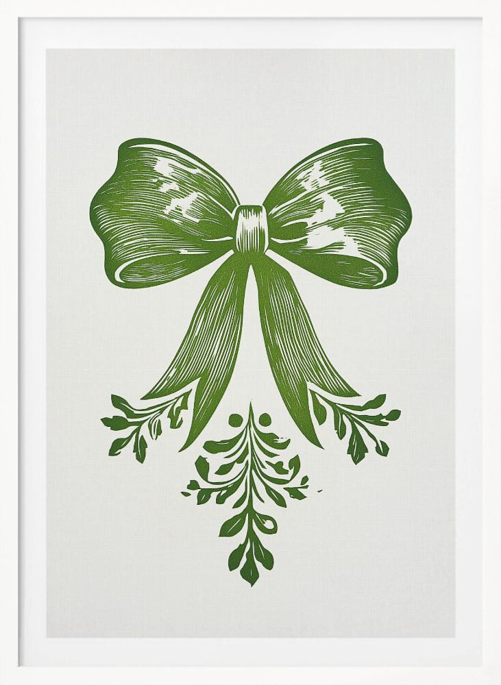 A vintage-style linocut print of a large green bow with leafy accents on a white background, enclosed in a thin black frame. The bow is detailed with lines suggesting texture and shadow, and foliage hangs from its ribbons. Artwork