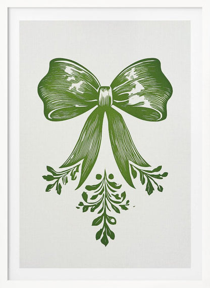 A vintage-style linocut print of a large green bow with leafy accents on a white background, enclosed in a thin black frame. The bow is detailed with lines suggesting texture and shadow, and foliage hangs from its ribbons. Artwork