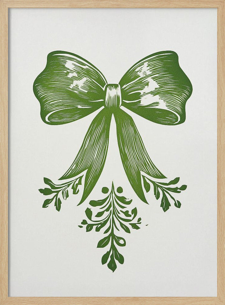 A vintage-style linocut print of a large green bow with leafy accents on a white background, enclosed in a thin black frame. The bow is detailed with lines suggesting texture and shadow, and foliage hangs from its ribbons. Artwork