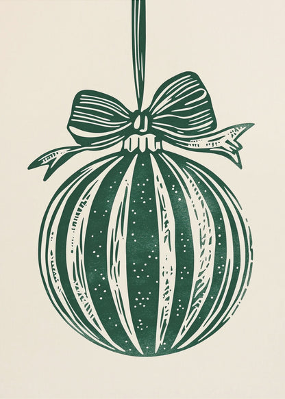 A vintage-style linocut print of a dark green Christmas bauble with a large bow, hanging against a cream background. The ornament features vertical stripes and white speckles, and the entire artwork is presented in a simple black frame. Artwork
