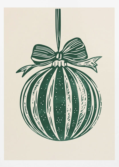 A vintage-style linocut print of a dark green Christmas bauble with a large bow, hanging against a cream background. The ornament features vertical stripes and white speckles, and the entire artwork is presented in a simple black frame. Artwork
