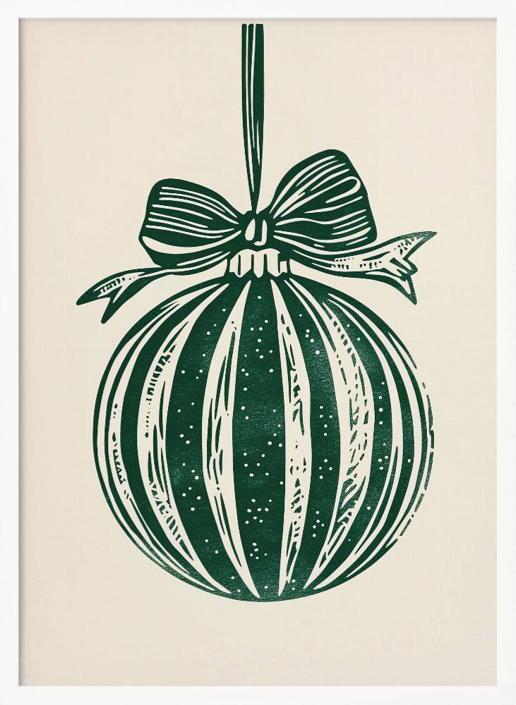 A vintage-style linocut print of a dark green Christmas bauble with a large bow, hanging against a cream background. The ornament features vertical stripes and white speckles, and the entire artwork is presented in a simple black frame. Artwork
