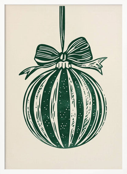 A vintage-style linocut print of a dark green Christmas bauble with a large bow, hanging against a cream background. The ornament features vertical stripes and white speckles, and the entire artwork is presented in a simple black frame. Artwork