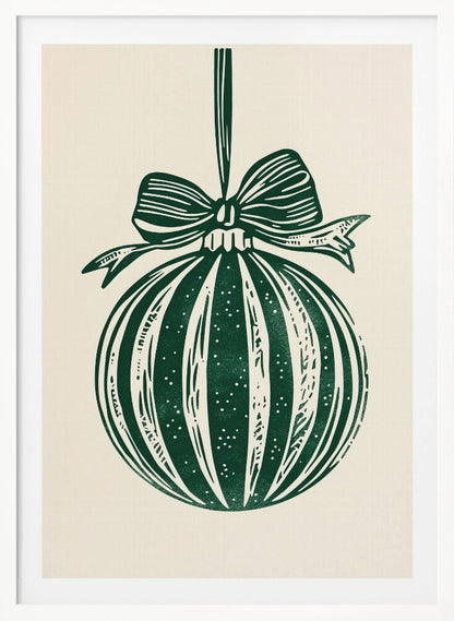 A vintage-style linocut print of a dark green Christmas bauble with a large bow, hanging against a cream background. The ornament features vertical stripes and white speckles, and the entire artwork is presented in a simple black frame. Artwork