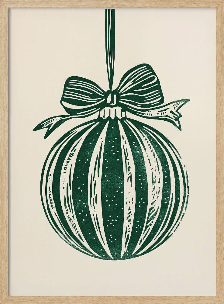 A vintage-style linocut print of a dark green Christmas bauble with a large bow, hanging against a cream background. The ornament features vertical stripes and white speckles, and the entire artwork is presented in a simple black frame. Artwork