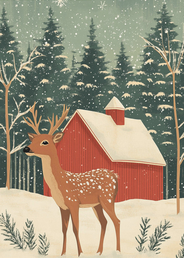 A stylized illustration of a serene winter scene featuring a spotted deer with antlers standing in the snow. In the background, a classic red barn with a snow-covered roof is nestled among a dense forest of dark green pine trees as snowflakes fall from a pale green sky. Poster
