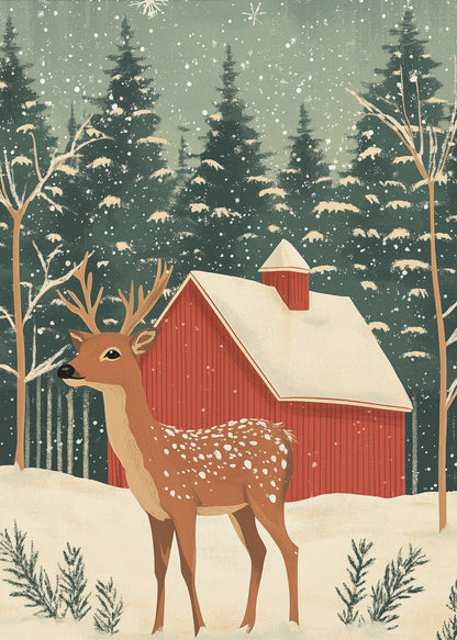 A stylized illustration of a serene winter scene featuring a spotted deer with antlers standing in the snow. In the background, a classic red barn with a snow-covered roof is nestled among a dense forest of dark green pine trees as snowflakes fall from a pale green sky. Poster