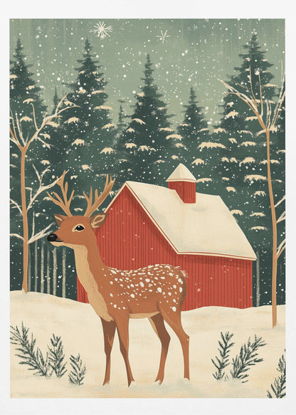 A stylized illustration of a serene winter scene featuring a spotted deer with antlers standing in the snow. In the background, a classic red barn with a snow-covered roof is nestled among a dense forest of dark green pine trees as snowflakes fall from a pale green sky. Poster