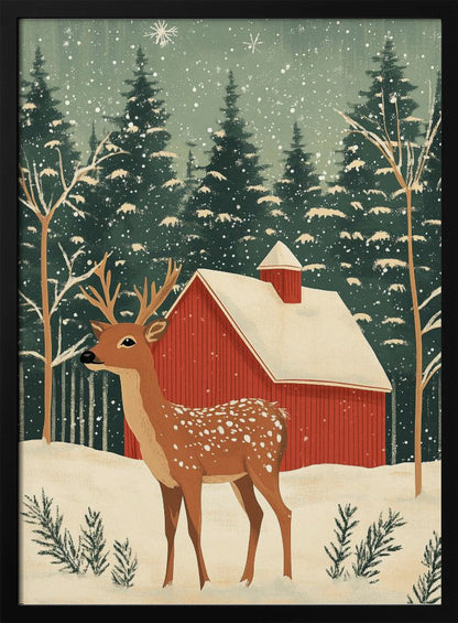 A stylized illustration of a serene winter scene featuring a spotted deer with antlers standing in the snow. In the background, a classic red barn with a snow-covered roof is nestled among a dense forest of dark green pine trees as snowflakes fall from a pale green sky. Poster