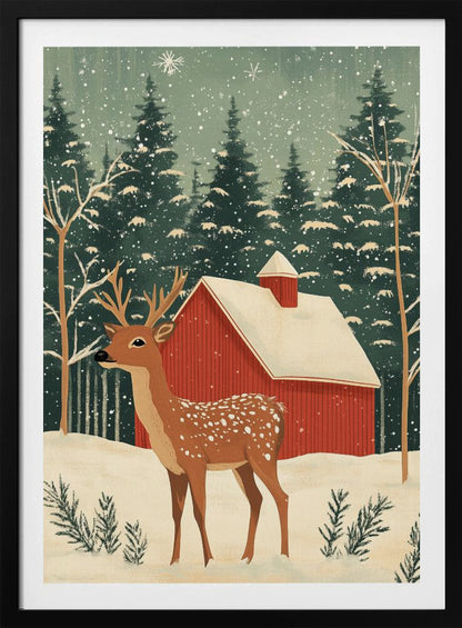 A stylized illustration of a serene winter scene featuring a spotted deer with antlers standing in the snow. In the background, a classic red barn with a snow-covered roof is nestled among a dense forest of dark green pine trees as snowflakes fall from a pale green sky. Poster