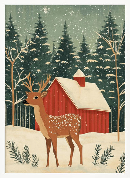 A stylized illustration of a serene winter scene featuring a spotted deer with antlers standing in the snow. In the background, a classic red barn with a snow-covered roof is nestled among a dense forest of dark green pine trees as snowflakes fall from a pale green sky. Poster