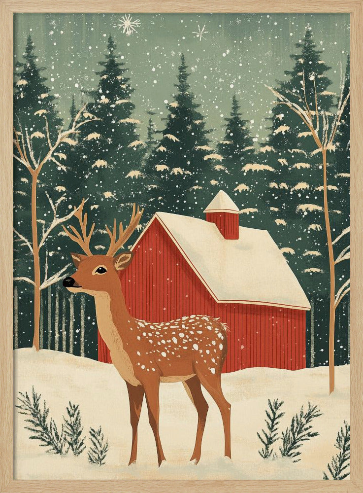 A stylized illustration of a serene winter scene featuring a spotted deer with antlers standing in the snow. In the background, a classic red barn with a snow-covered roof is nestled among a dense forest of dark green pine trees as snowflakes fall from a pale green sky. Poster