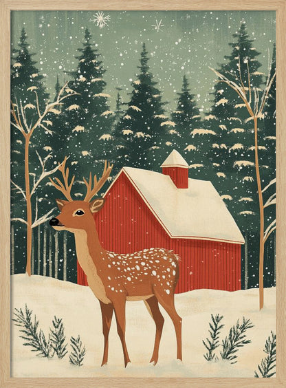 A stylized illustration of a serene winter scene featuring a spotted deer with antlers standing in the snow. In the background, a classic red barn with a snow-covered roof is nestled among a dense forest of dark green pine trees as snowflakes fall from a pale green sky. Poster