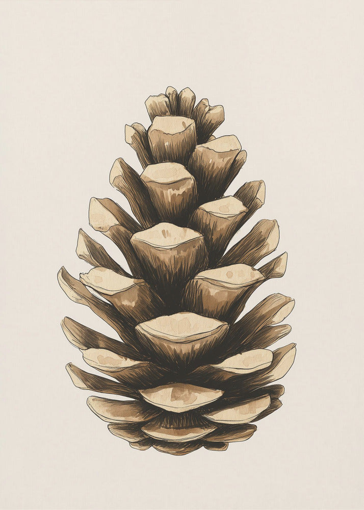 A detailed watercolor and ink illustration of a single brown pinecone, centered against a light cream background and displayed in a thin black frame. Artwork