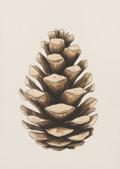A detailed watercolor and ink illustration of a single brown pinecone, centered against a light cream background and displayed in a thin black frame. Artwork