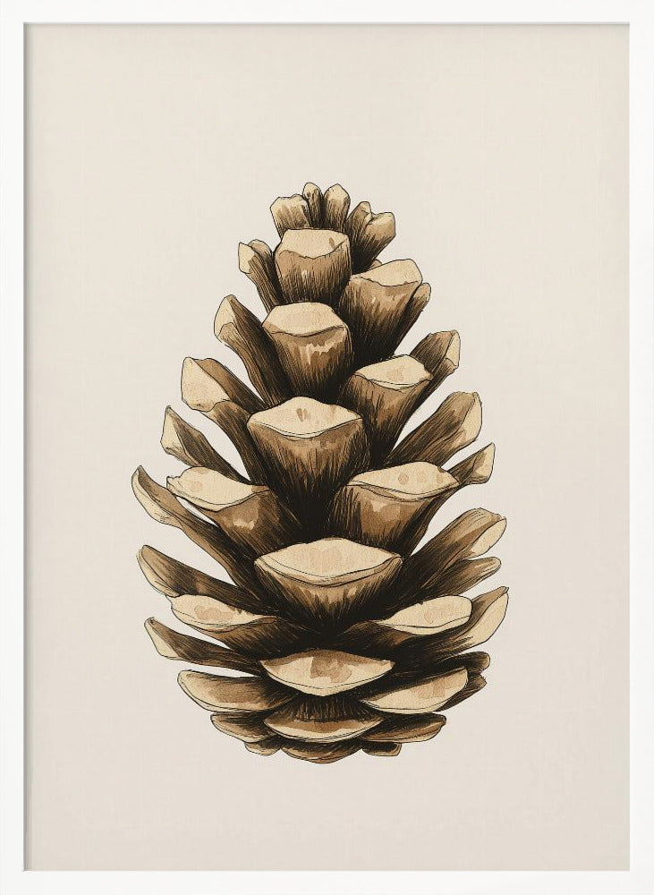 A detailed watercolor and ink illustration of a single brown pinecone, centered against a light cream background and displayed in a thin black frame. Artwork