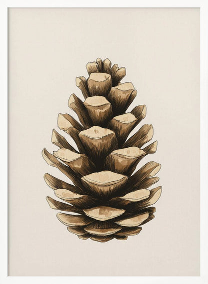 A detailed watercolor and ink illustration of a single brown pinecone, centered against a light cream background and displayed in a thin black frame. Artwork