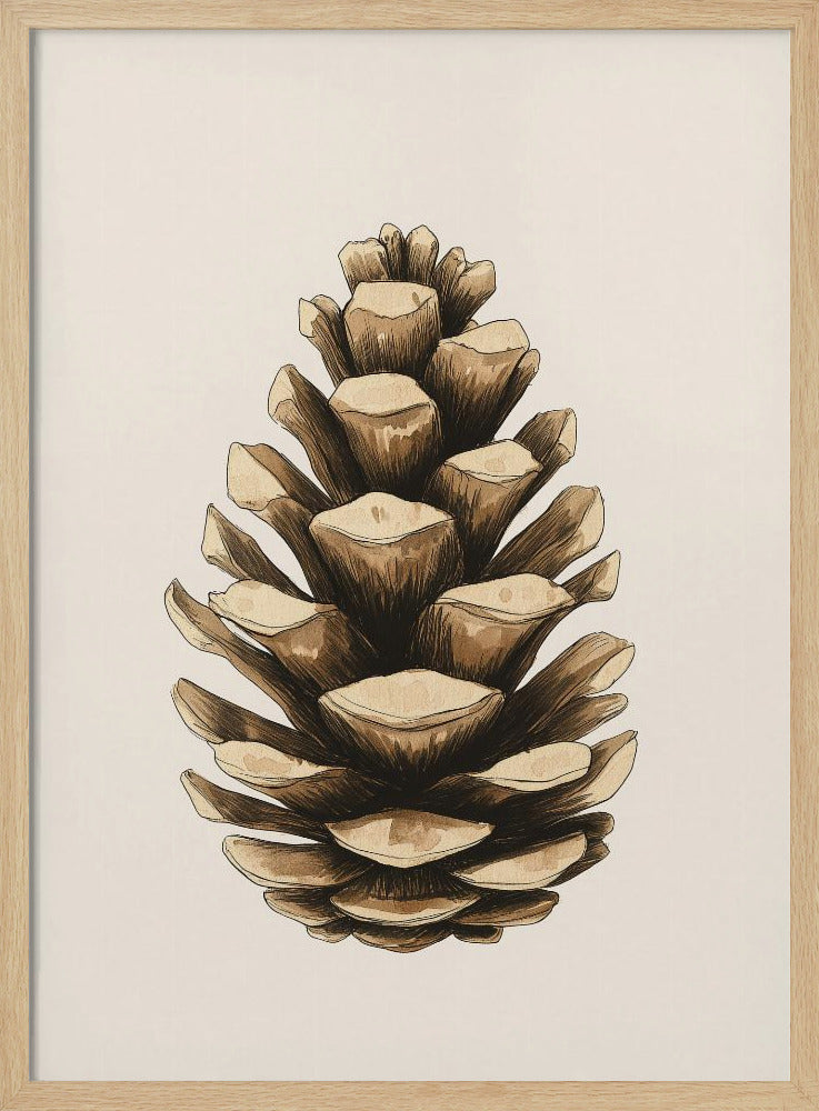 A detailed watercolor and ink illustration of a single brown pinecone, centered against a light cream background and displayed in a thin black frame. Artwork