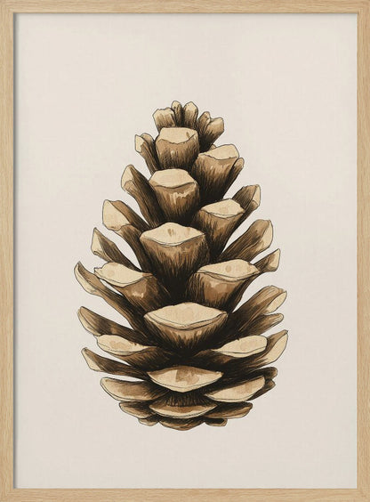 A detailed watercolor and ink illustration of a single brown pinecone, centered against a light cream background and displayed in a thin black frame. Artwork