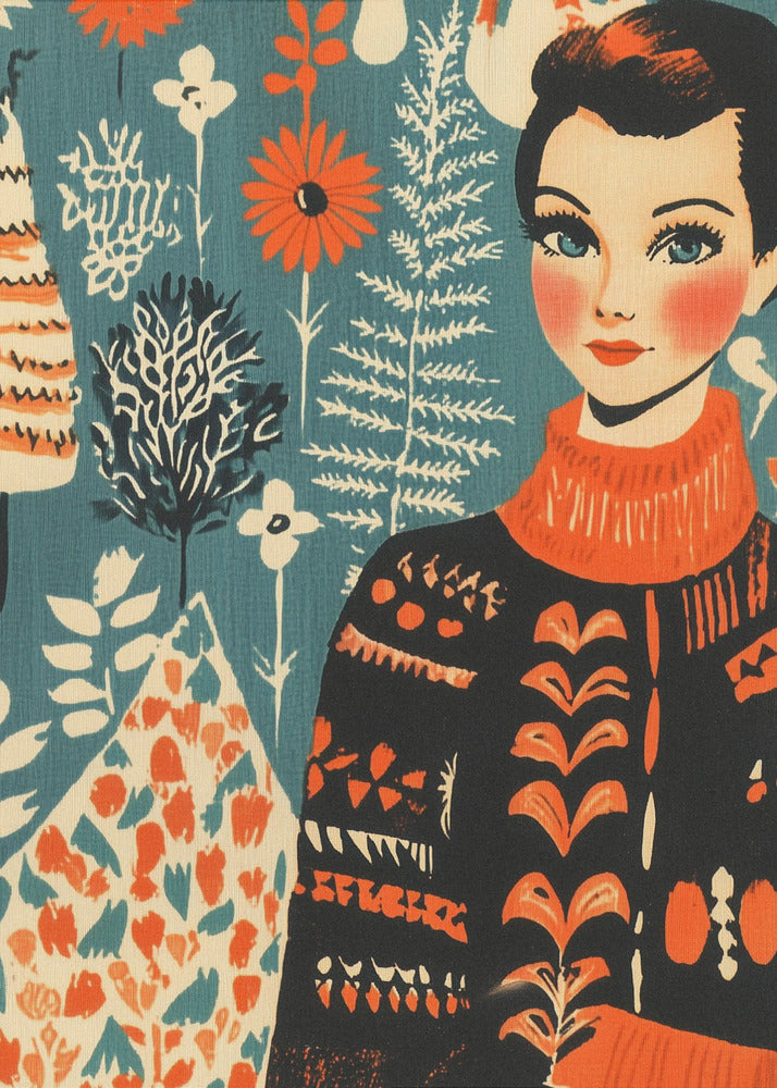 A vintage-style illustration of a woman with short dark hair and blue eyes wearing a black and orange patterned turtleneck sweater. The background is a teal color with a folk art pattern of flowers and plants in orange, white, and black. Poster