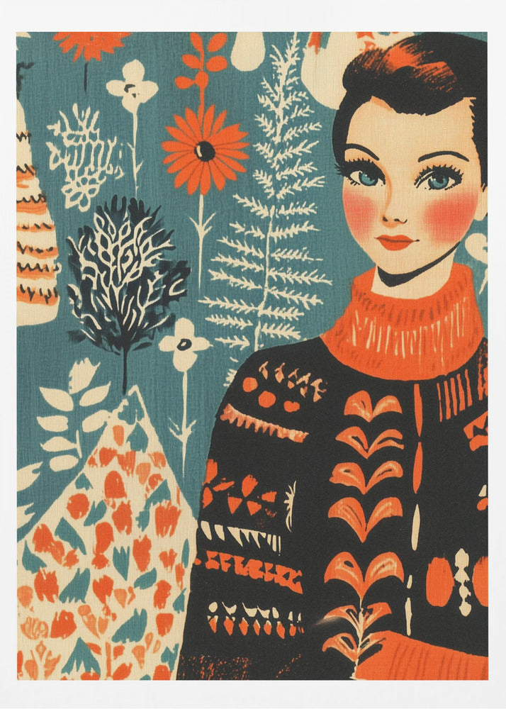 A vintage-style illustration of a woman with short dark hair and blue eyes wearing a black and orange patterned turtleneck sweater. The background is a teal color with a folk art pattern of flowers and plants in orange, white, and black. Poster