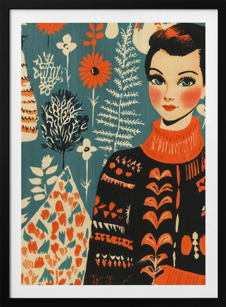A vintage-style illustration of a woman with short dark hair and blue eyes wearing a black and orange patterned turtleneck sweater. The background is a teal color with a folk art pattern of flowers and plants in orange, white, and black. Poster