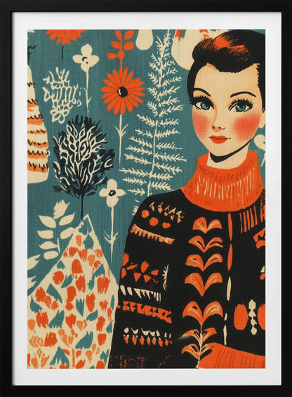 A vintage-style illustration of a woman with short dark hair and blue eyes wearing a black and orange patterned turtleneck sweater. The background is a teal color with a folk art pattern of flowers and plants in orange, white, and black. Poster