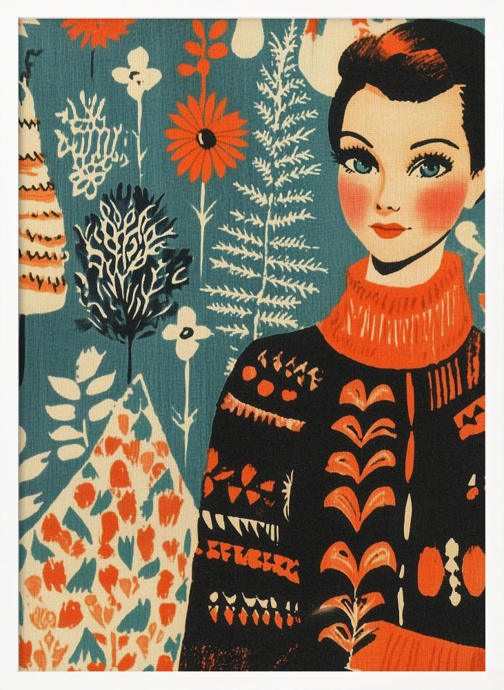 A vintage-style illustration of a woman with short dark hair and blue eyes wearing a black and orange patterned turtleneck sweater. The background is a teal color with a folk art pattern of flowers and plants in orange, white, and black. Poster