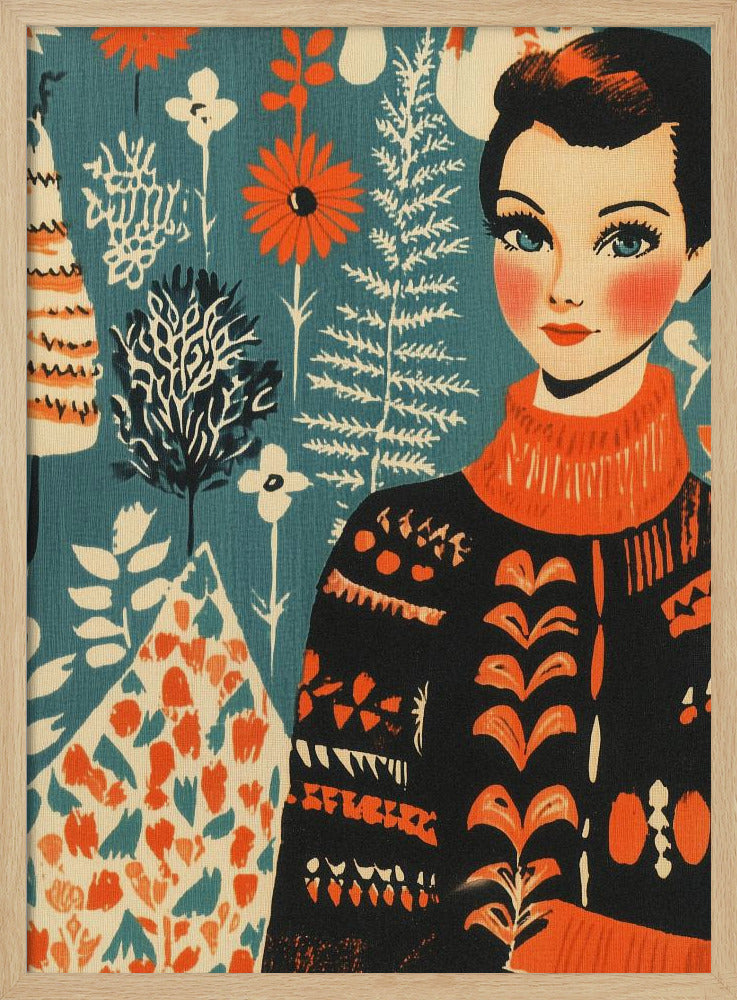 A vintage-style illustration of a woman with short dark hair and blue eyes wearing a black and orange patterned turtleneck sweater. The background is a teal color with a folk art pattern of flowers and plants in orange, white, and black. Poster
