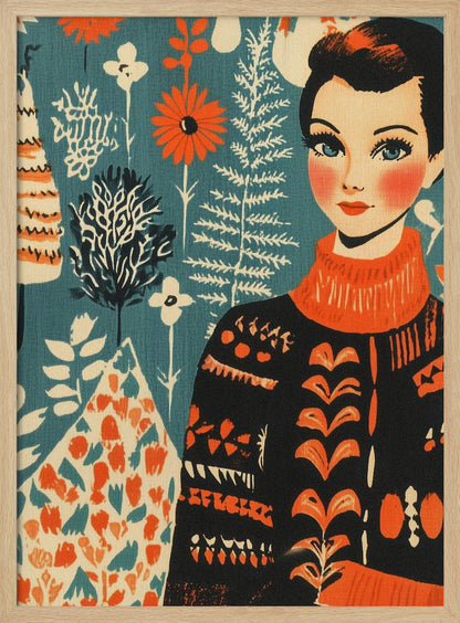 A vintage-style illustration of a woman with short dark hair and blue eyes wearing a black and orange patterned turtleneck sweater. The background is a teal color with a folk art pattern of flowers and plants in orange, white, and black. Poster