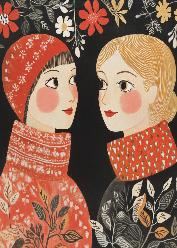 An illustrative folk art style portrait of two women facing each other against a black background. The woman on the left wears a red patterned cap and sweater, while the one on the right has blonde hair and a sweater with a red patterned collar. Red, white, and yellow flowers hang above them. Print