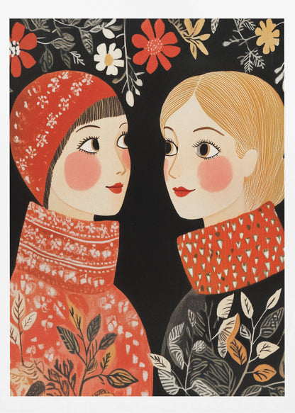 An illustrative folk art style portrait of two women facing each other against a black background. The woman on the left wears a red patterned cap and sweater, while the one on the right has blonde hair and a sweater with a red patterned collar. Red, white, and yellow flowers hang above them. Print