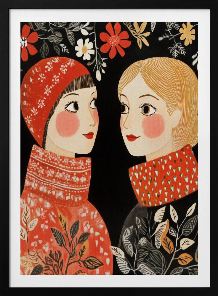 An illustrative folk art style portrait of two women facing each other against a black background. The woman on the left wears a red patterned cap and sweater, while the one on the right has blonde hair and a sweater with a red patterned collar. Red, white, and yellow flowers hang above them. Print